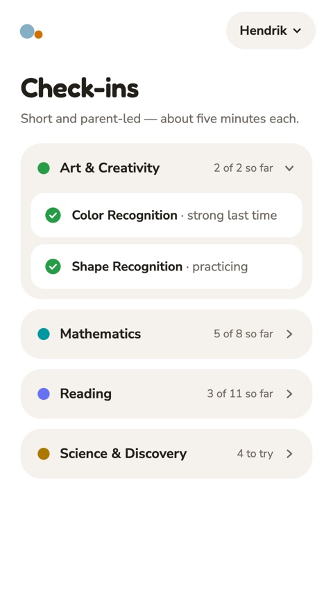 Check-ins screen — short parent-led check-ins by subject