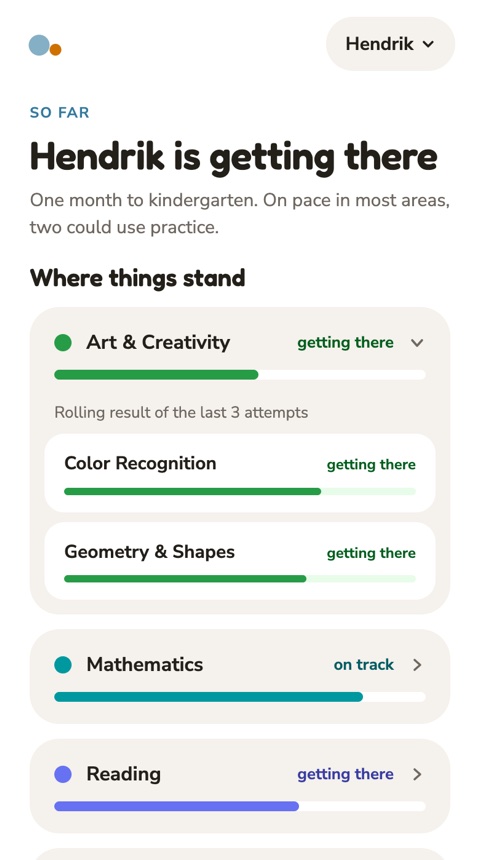 Summary screen — progress across subjects in plain words