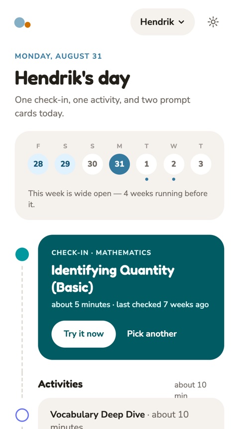 Today screen — the day's check-in, activity and prompt cards
